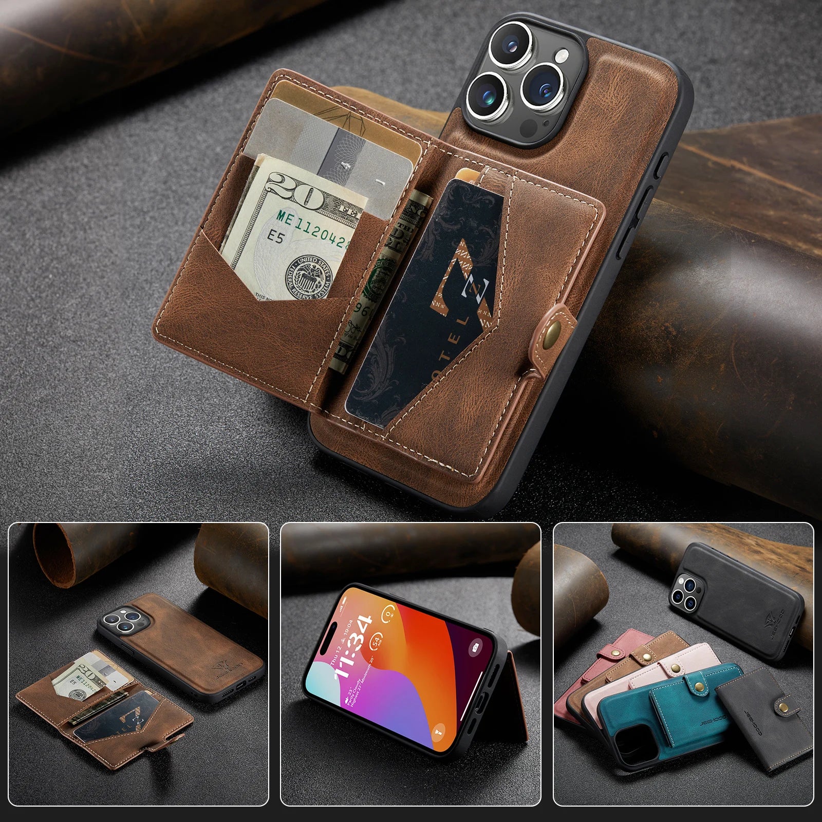 2-in-1 Detachable Cards Bag Wallet Leather Flip Magnet Case for iPhone 15 Series