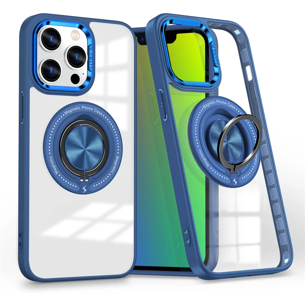 Crystal Clear Magnetic Case with Ring Stand for iPhone 15 Series