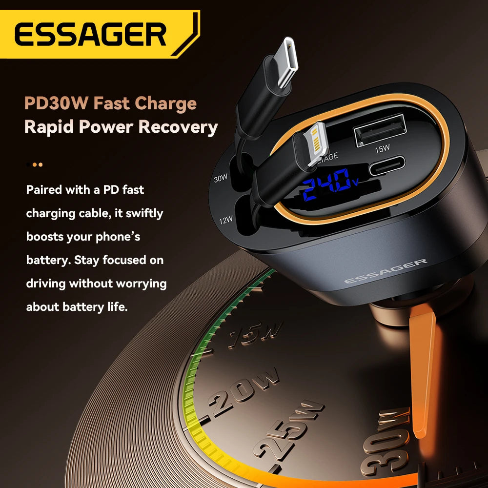Essager 45W 4-in-1 Fast Car Charger with LED & Retractable USB-C Cable