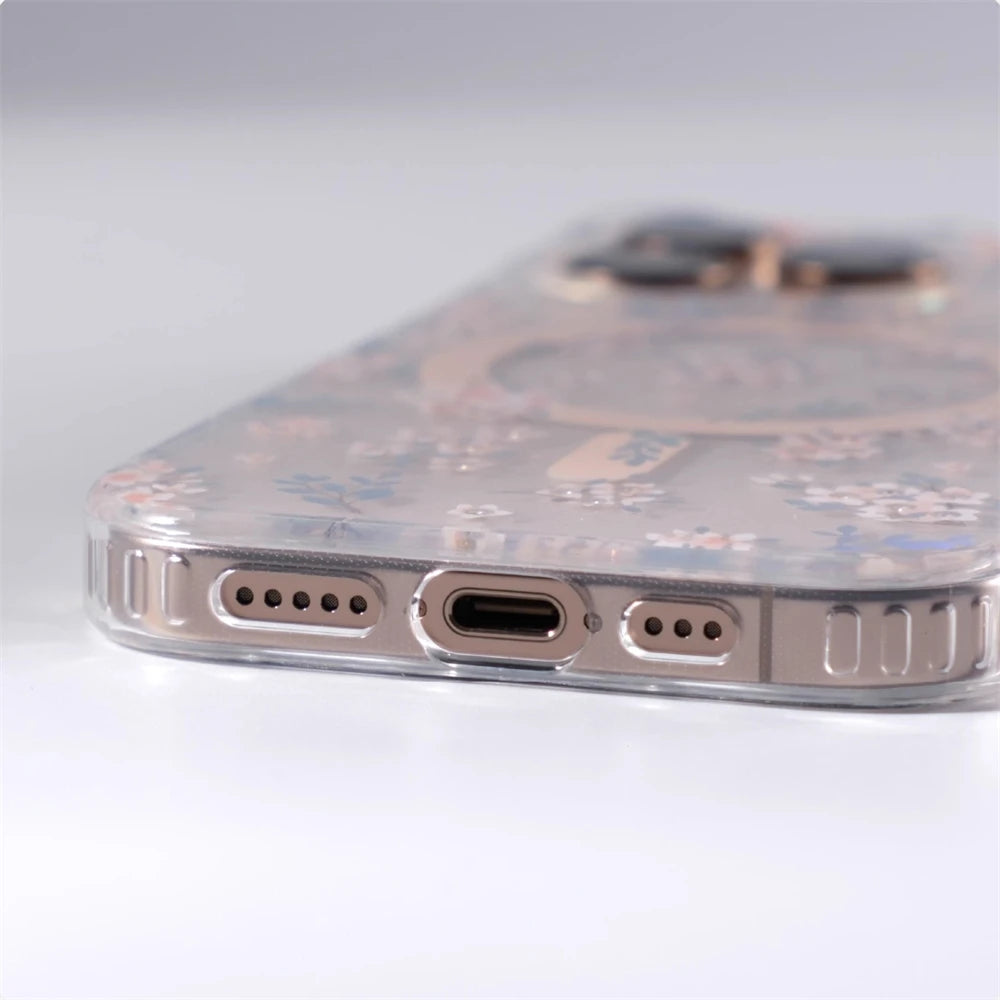Transparent Floral MagSafe Case with Integrated Wireless Charging Ring for iPhone 15 Series