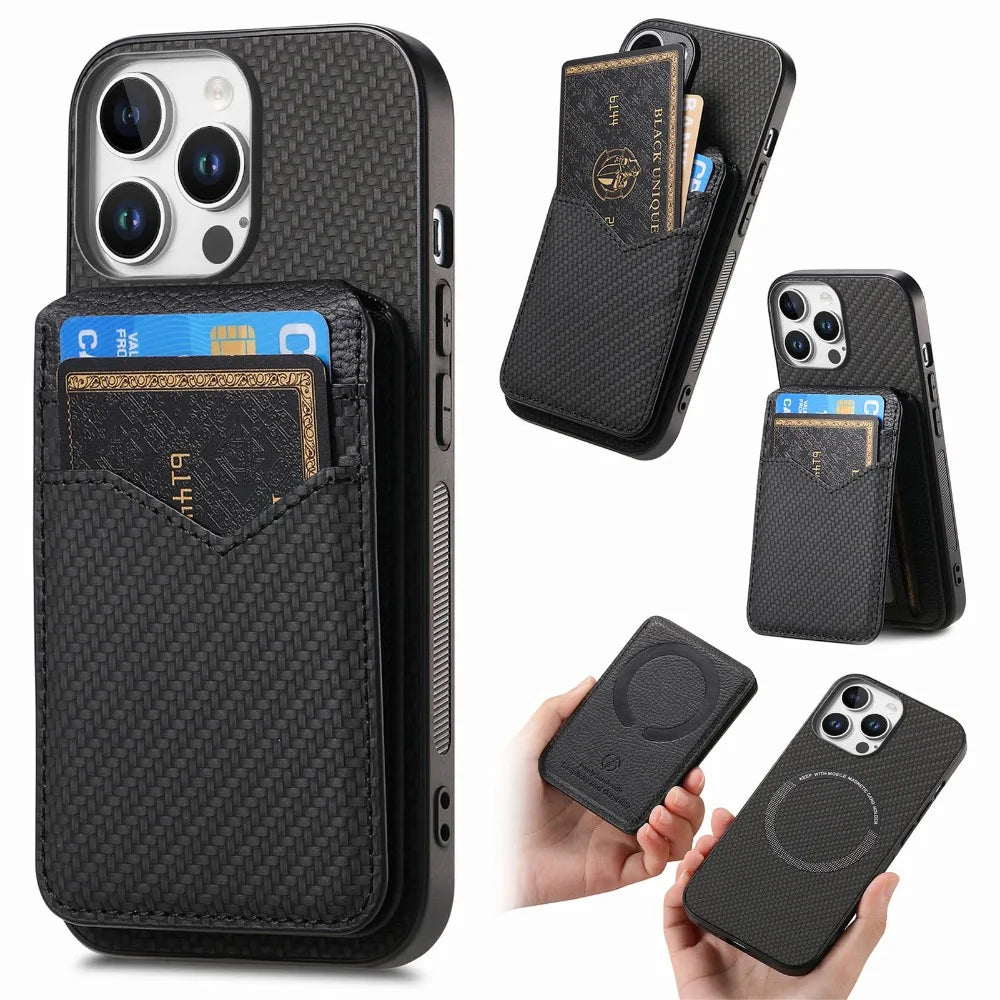 iPhone 15 Series Carbon Fiber MagSafe Case with Magnetic Wallet