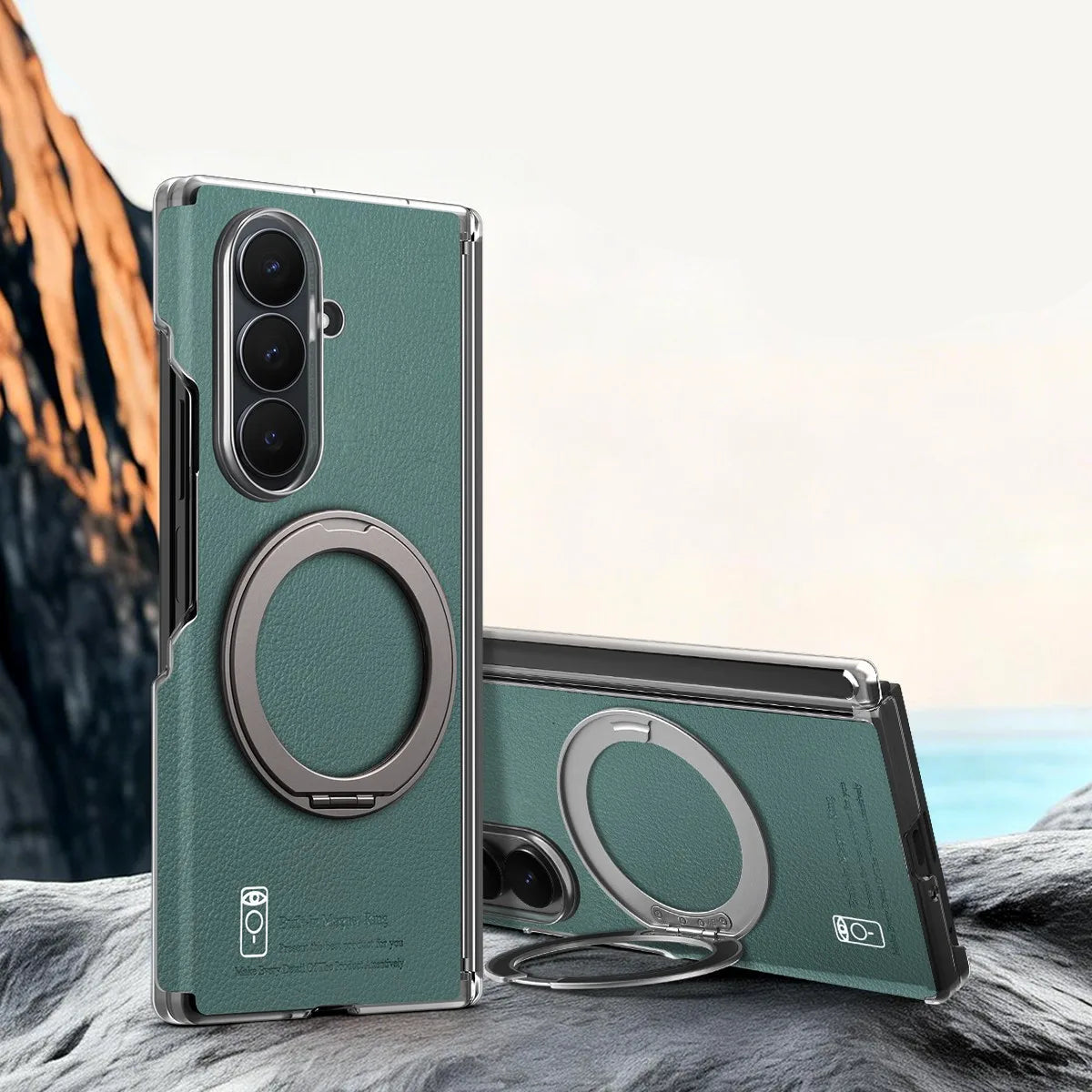 Textured Leather Shockproof Kickstand Case with 360° Rotating Ring for Samsung Galaxy Z Fold 7