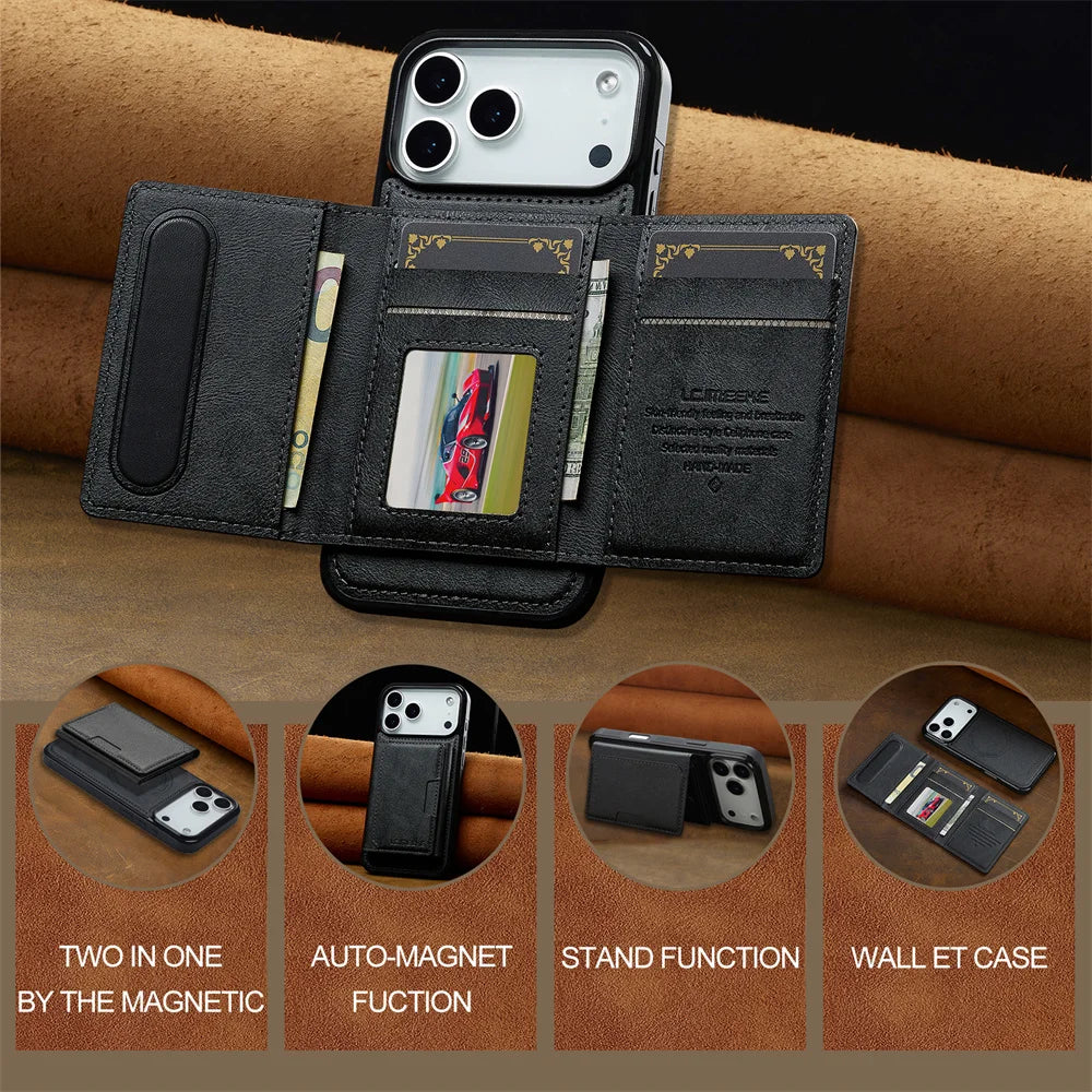 Luxury MagSafe Leather Wallet Case with Detachable Card Holder for iPhone 17 Series