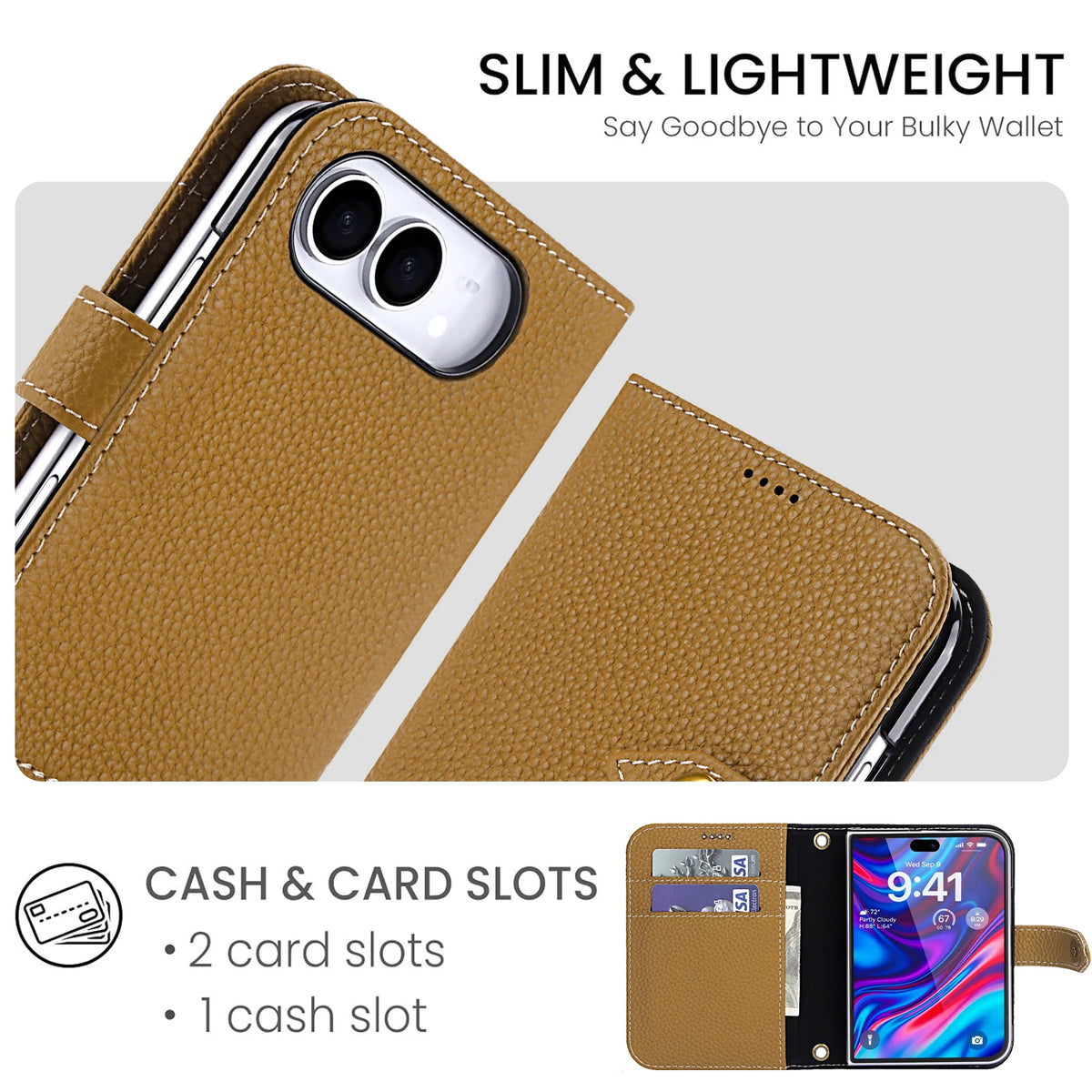 Pebbled Leather Kickstand Flip Wallet Case with MagSafe for iPhone Duo