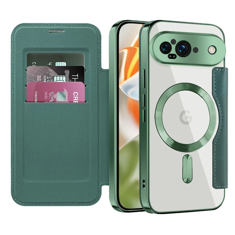 Google Pixel 9 Transparent Magnetic Flip Case with Leather Card Packet