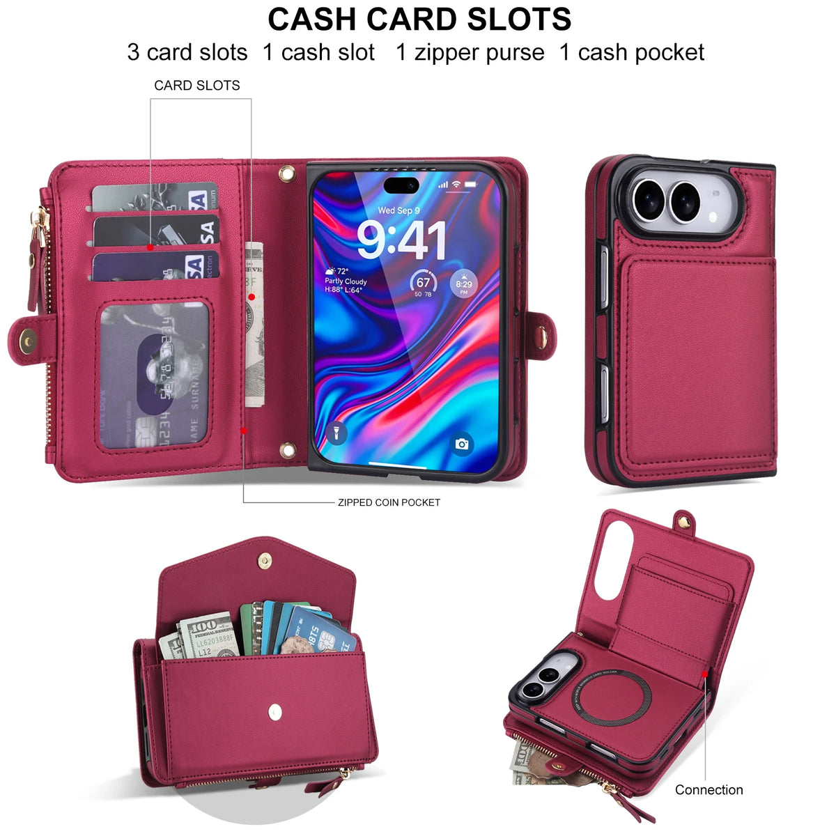 3-Card Detachable Magnetic Wallet Case with Convertible Lanyard Strap for iPhone Duo