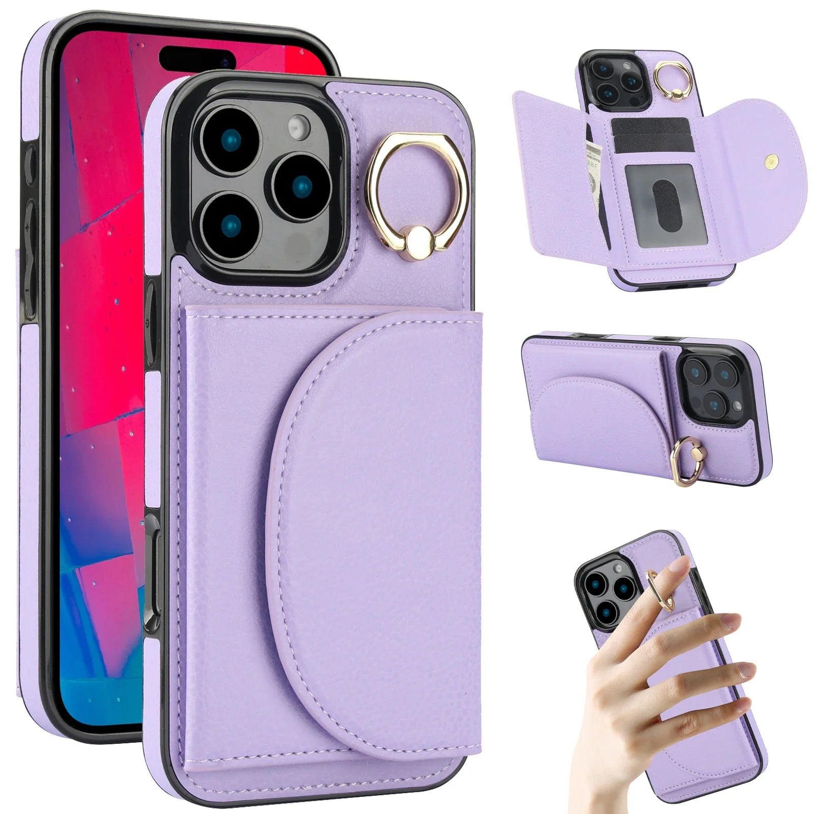 iPhone 16 Series Leather Wallet Case with Card Holder & Ring Kickstand
