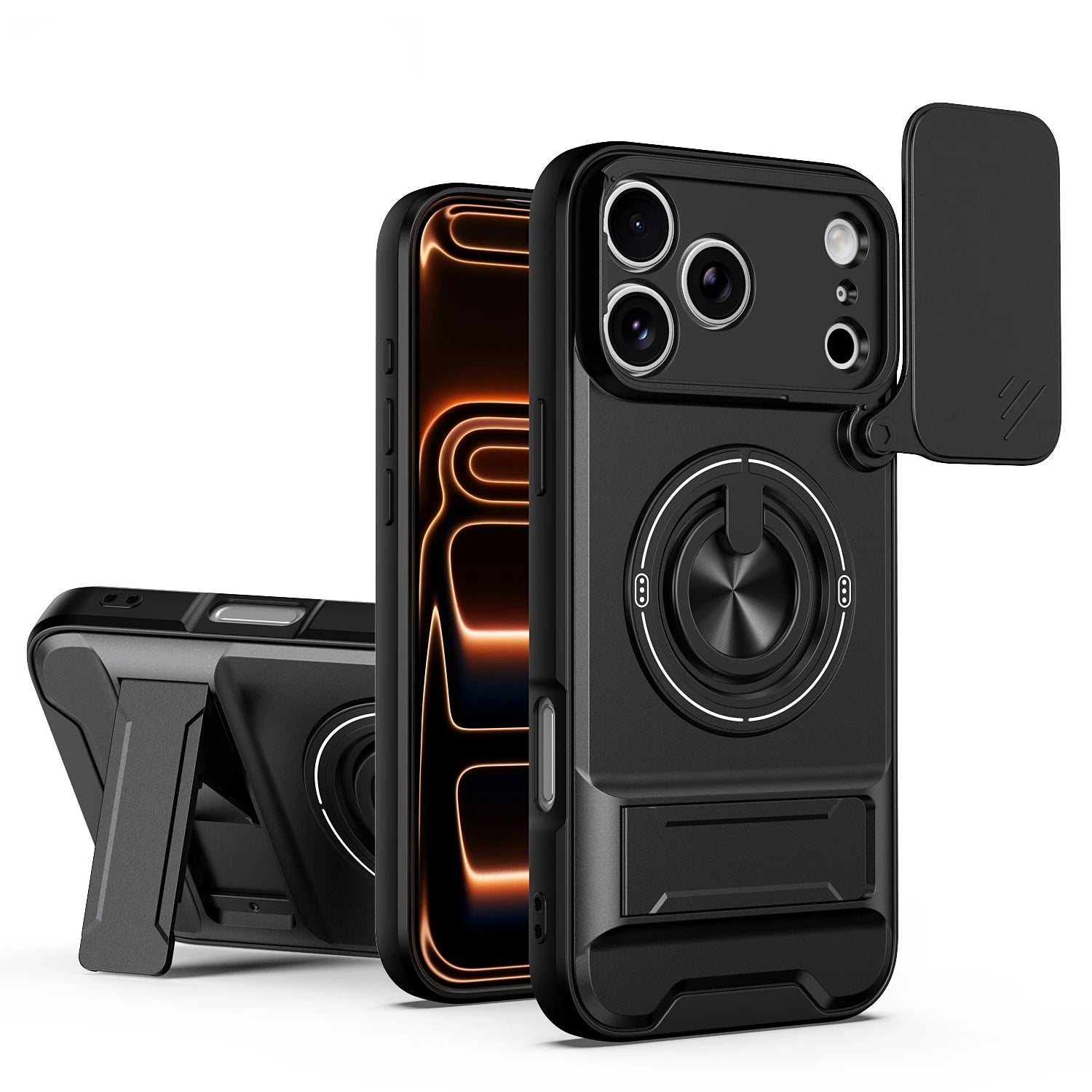 iPhone 17 Series MagSafe Case with Lens Slide Cover and 360° Ring Stand
