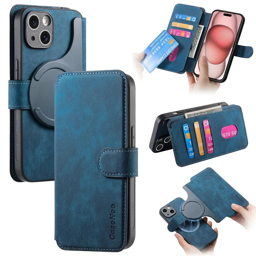 Magnetic Leather Wallet Case with Detachable Card Slot for iPhone 15 Series