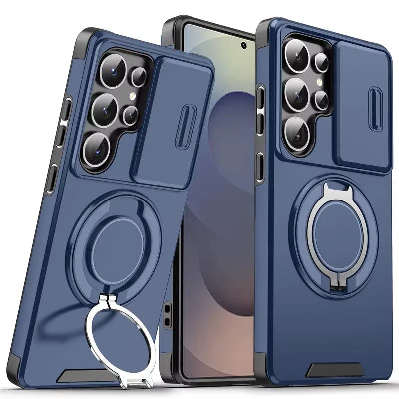Slide Camera Cover Armor Magnetic Case with Kickstand for Samsung Galaxy S24 Series