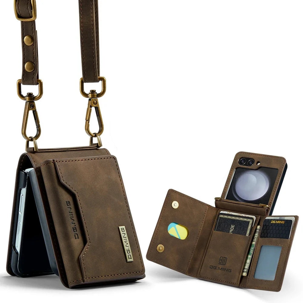 Brown phone case with strap and card slots on a white background