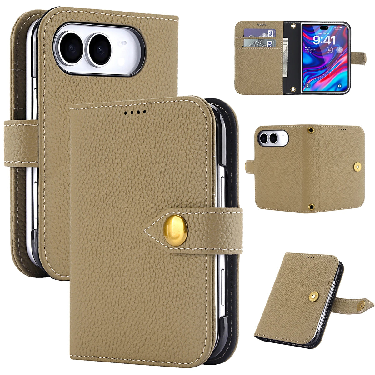 Pebbled Leather Kickstand Flip Wallet Case with MagSafe for iPhone Duo