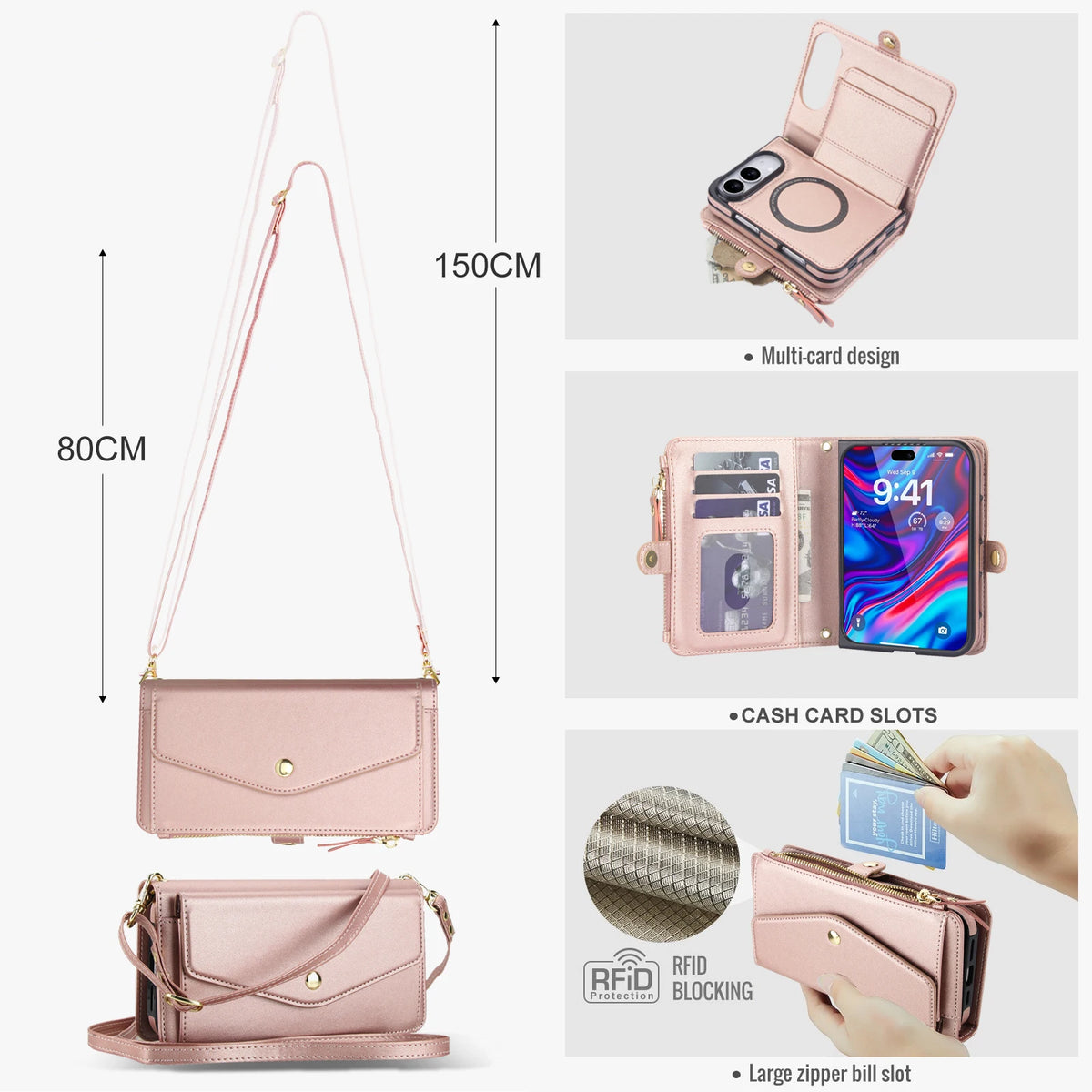 Zipper Wallet Crossbody Case with Detachable Phone Case for iPhone Duo