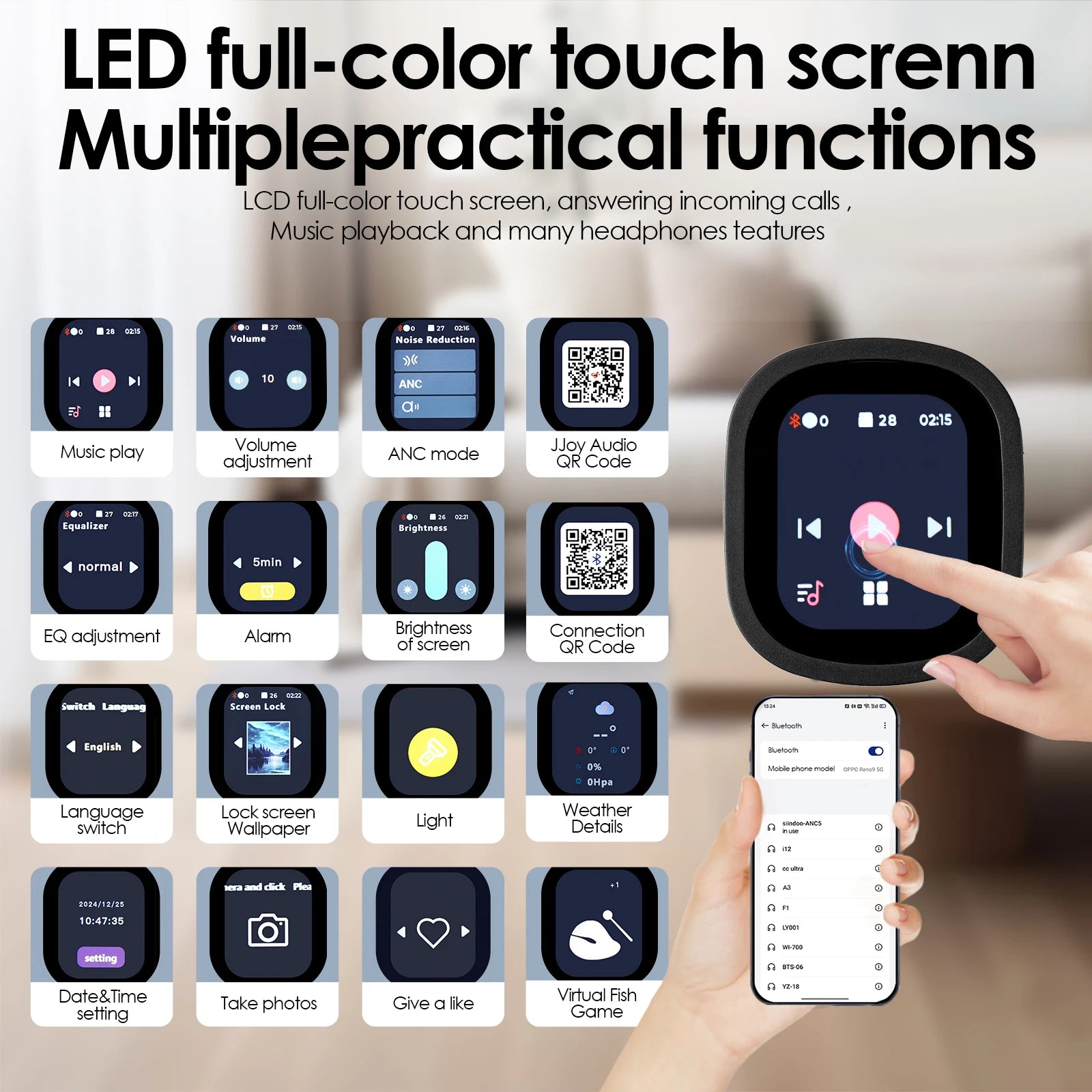 Siindoo JH-ANC930Plus Active Noise Cancelling Headphones with LED Screen