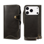 Retro Cowhide Leather Wallet Flip Case with Buckles and Lanyard for iPhone 17 Series