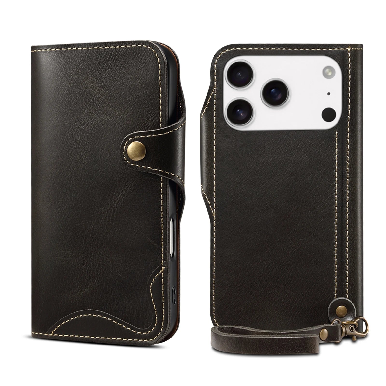 Retro Cowhide Leather Wallet Flip Case with Buckles and Lanyard for iPhone 17 Series