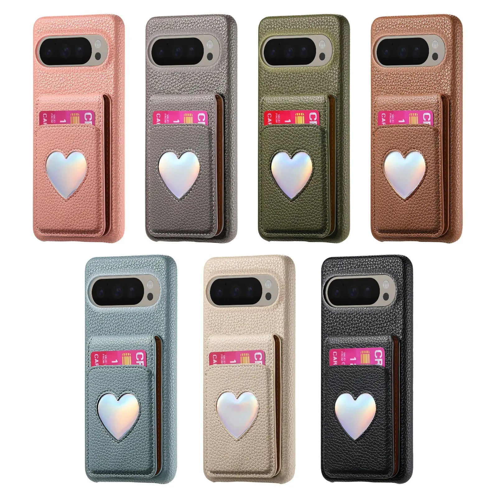 RFID Blocking Wallet Case with Makeup Mirror & Heart Design for Google Pixel 9 Series