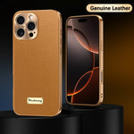 Luxury Genuine Leather Matte Case with Soft Plated Border for iPhone 16 Series