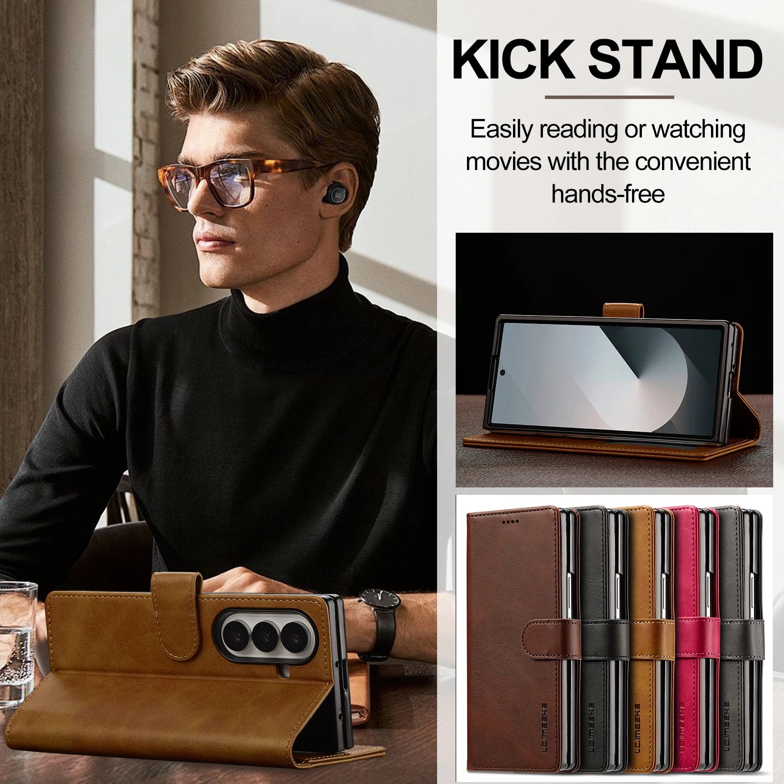 Samsung Galaxy Z Fold 6 Slim Leather Wallet Case with Kickstand