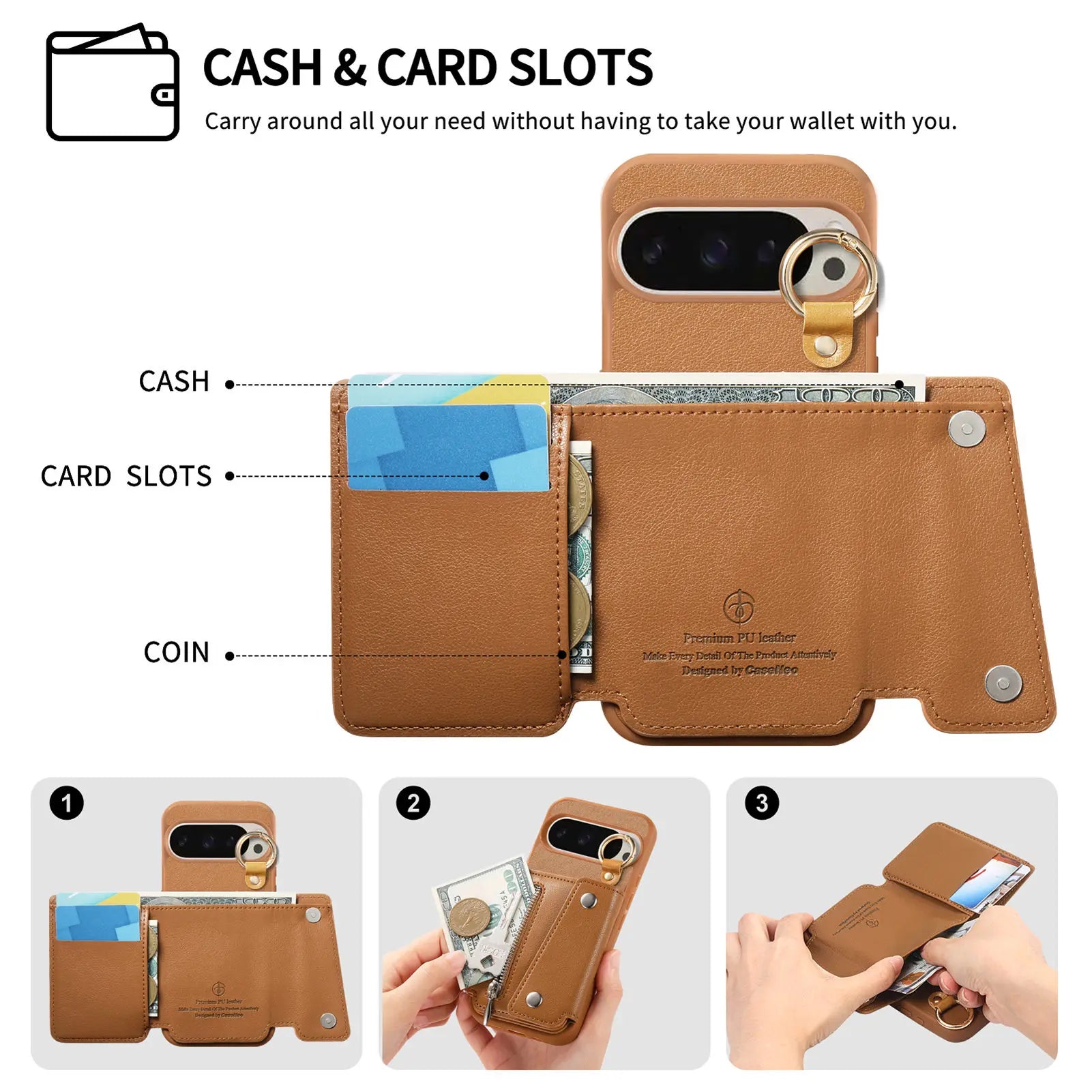 Zipper Wallet Leather Flip Case with Ring Holder for Google Pixel 9 Series