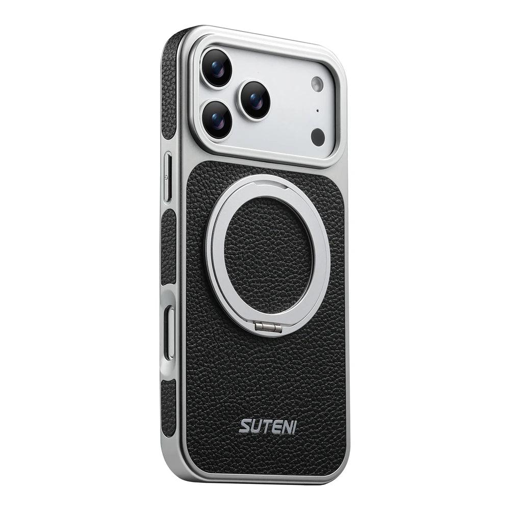 Litchi Texture MagSafe Case with Built-in Ring Stand for iPhone 17 Series