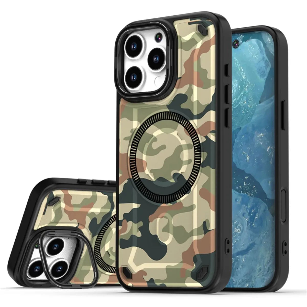 iPhone 15 Series Military Camouflage MagSafe Case with Metal Lens Stand