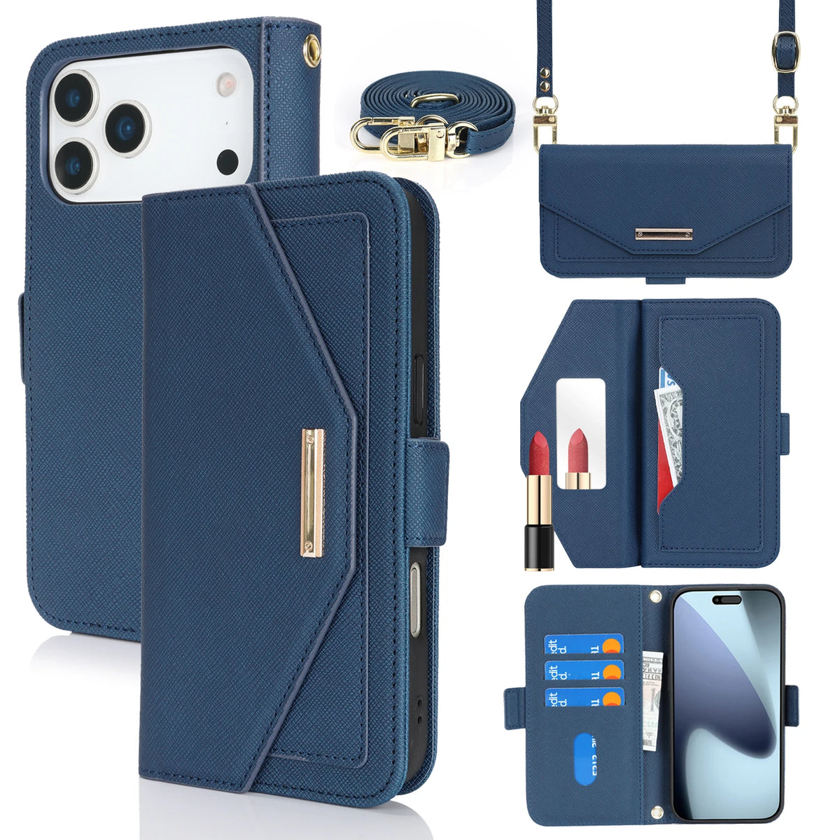 Crossbody Wallet Case with Mirror and Shoulder Strap for iPhone 18 Series