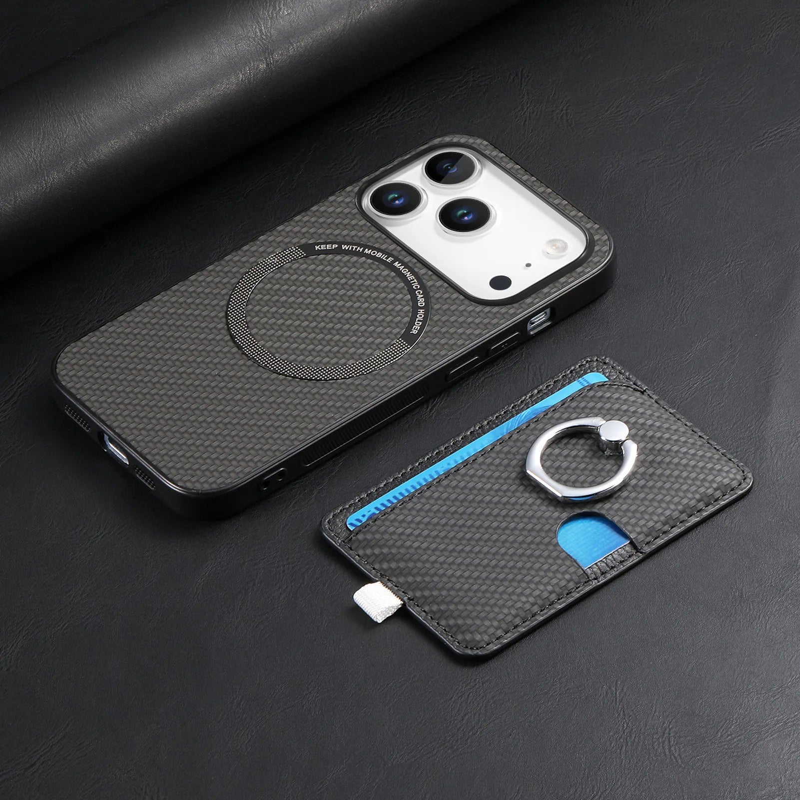 Premium 2-in-1 Carbon Fiber Pattern MagSafe Case with Built-In Card Slot & Ring Holder for iPhone 17 Series
