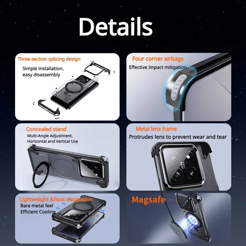 Metal Magnetic Frameless Phone Case with Stand for Xiaomi 14 and Xiaomi 14 Pro