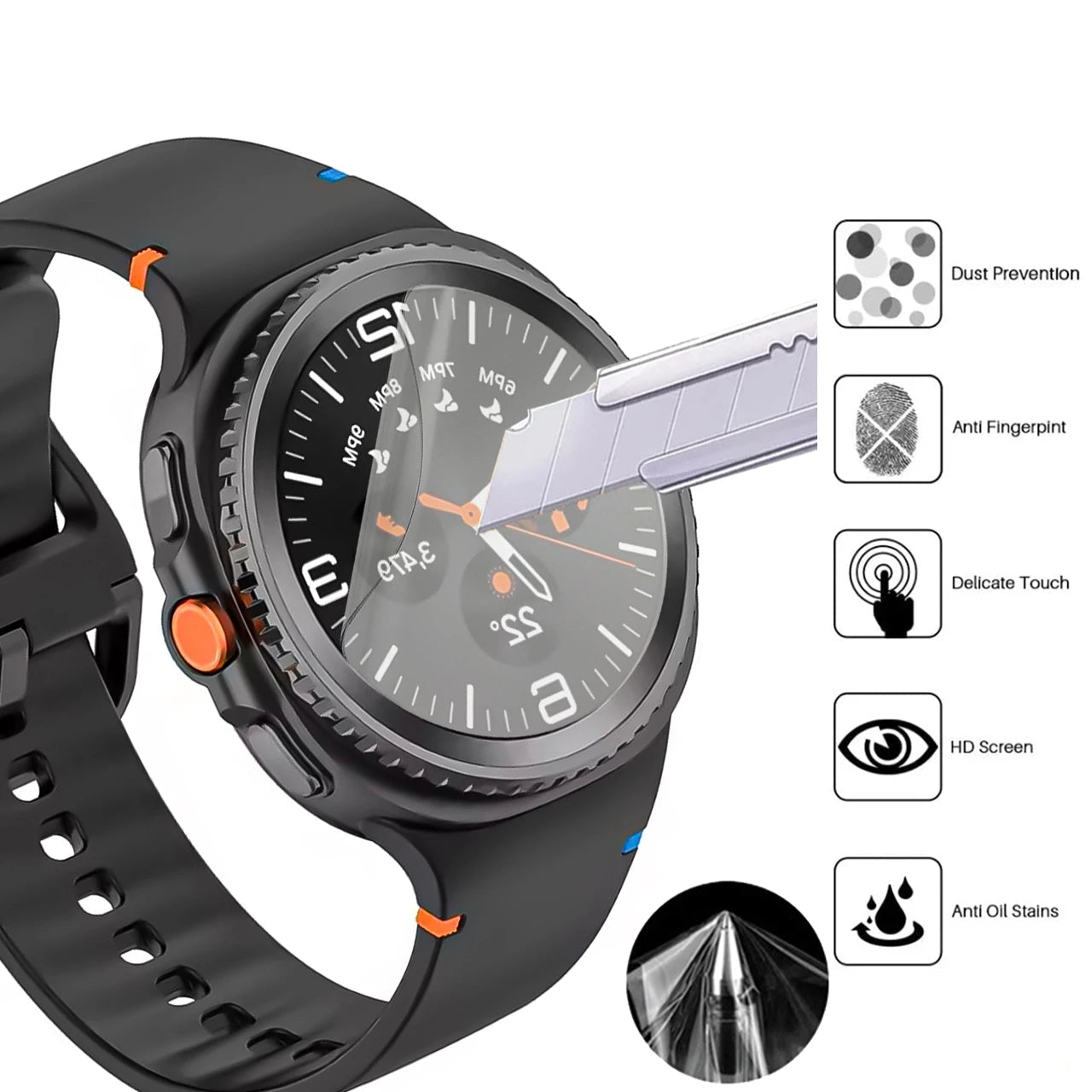 Samsung Galaxy Watch 8 with protective hydrogel film being applied, featuring features like dust prevention and anti-fingerprint.