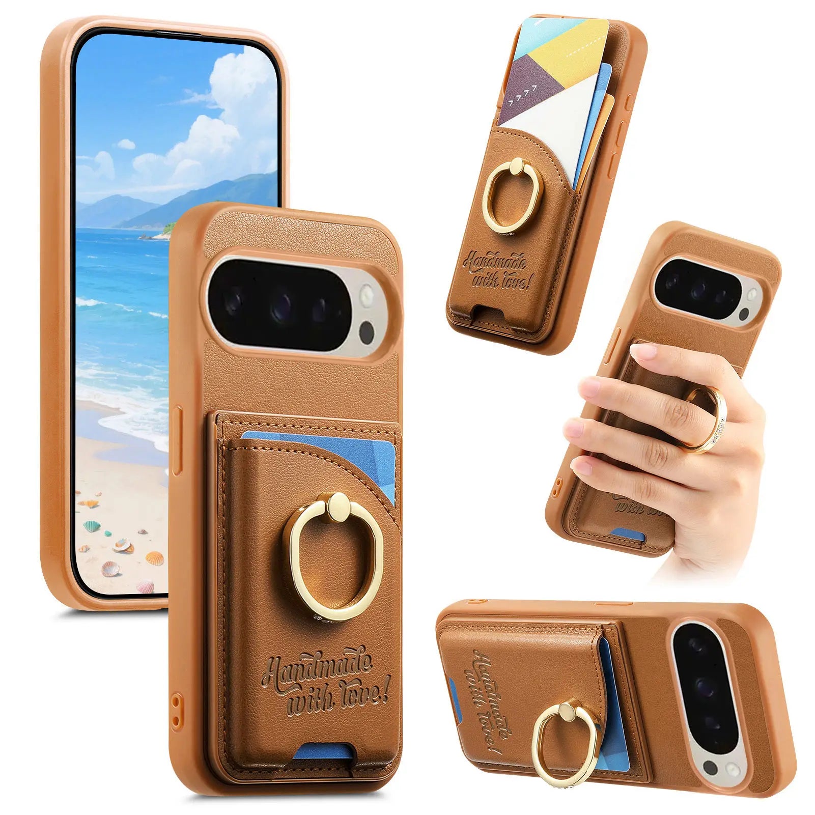 Google Pixel 9 Series Leather Wallet Case with Ring Holder and Kickstand