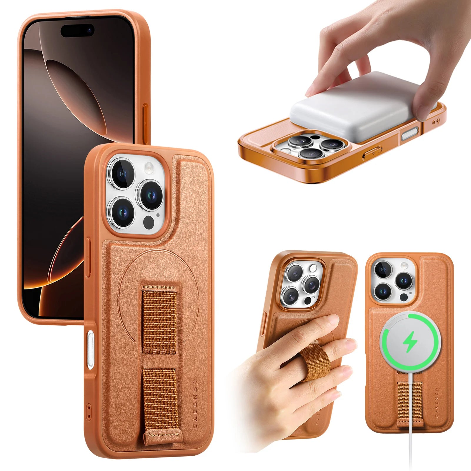 iPhone 16 Series Leather MagSafe Case with Wrist Strap