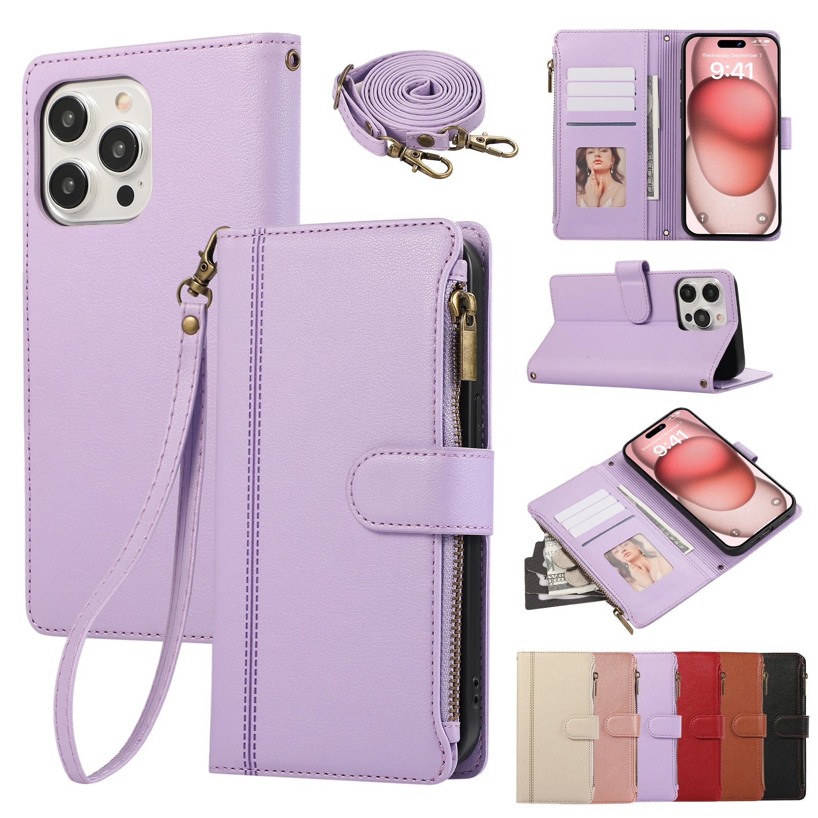 Crossbody Card Slot Wallet Leather Case with Lanyard Strap for iPhone 15 Series