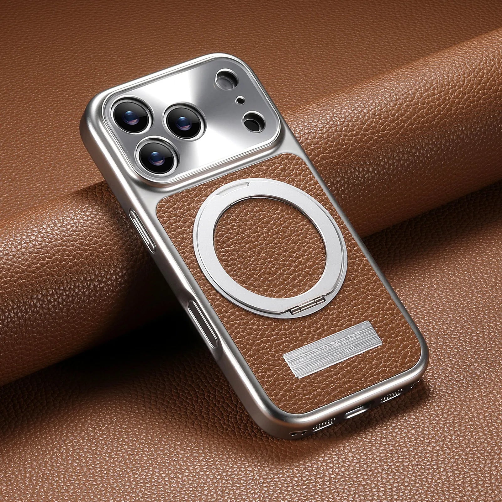 MagSafe Compatible Lychee Leather Case with 360° Kickstand for iPhone 17 Series