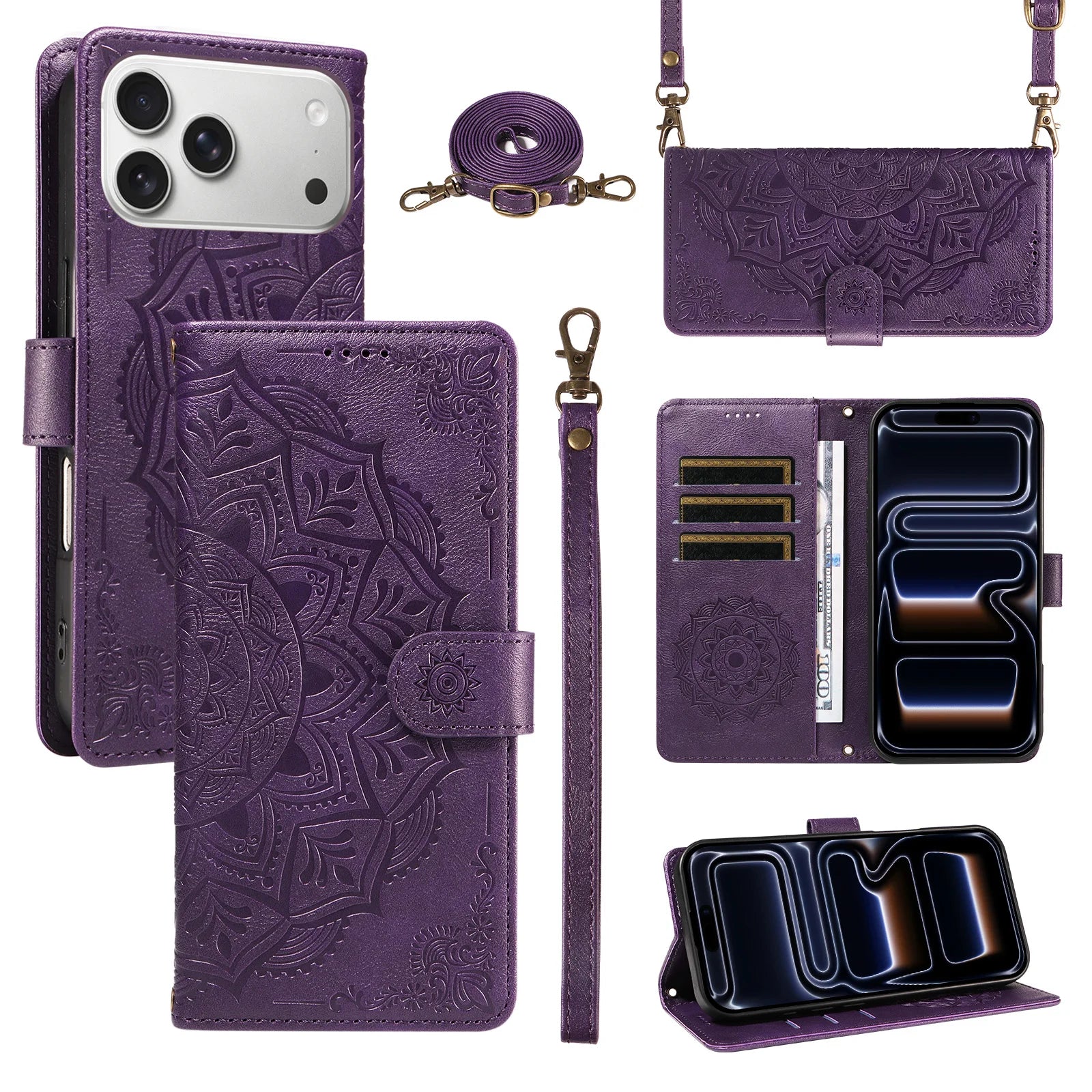 Embossed Datura Leather Wallet Case for iPhone 17 Series