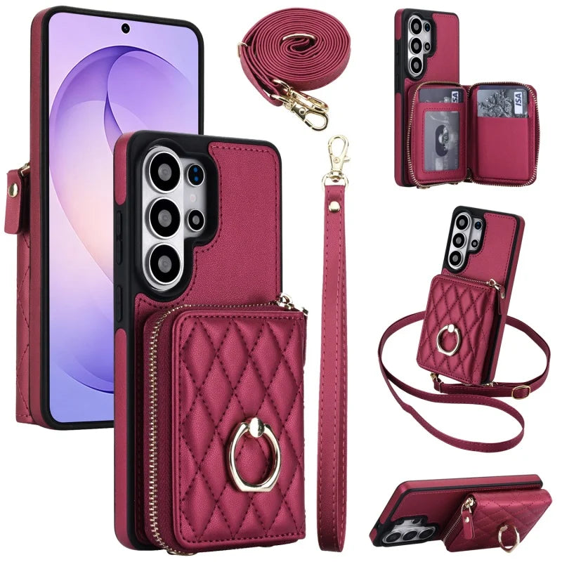 Crossbody Leather Wallet Case with Wrist Lanyard for Samsung Galaxy S26 Series