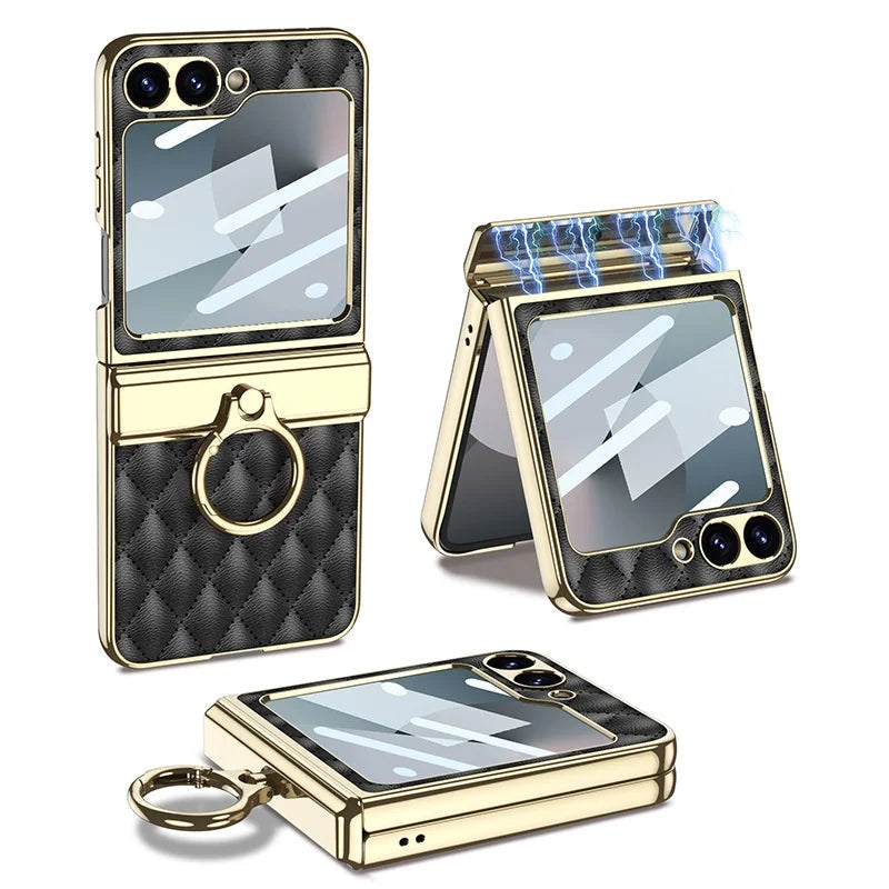 Electroplated PU Leather Case with Ring Holder for Samsung Galaxy Z Flip 6
