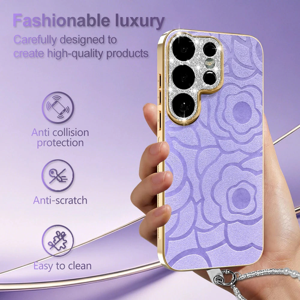 Diamond Large Window Camellia Flower Texture Phone Case For Samsung Galaxy S26 Series Shockproof Matte Cover