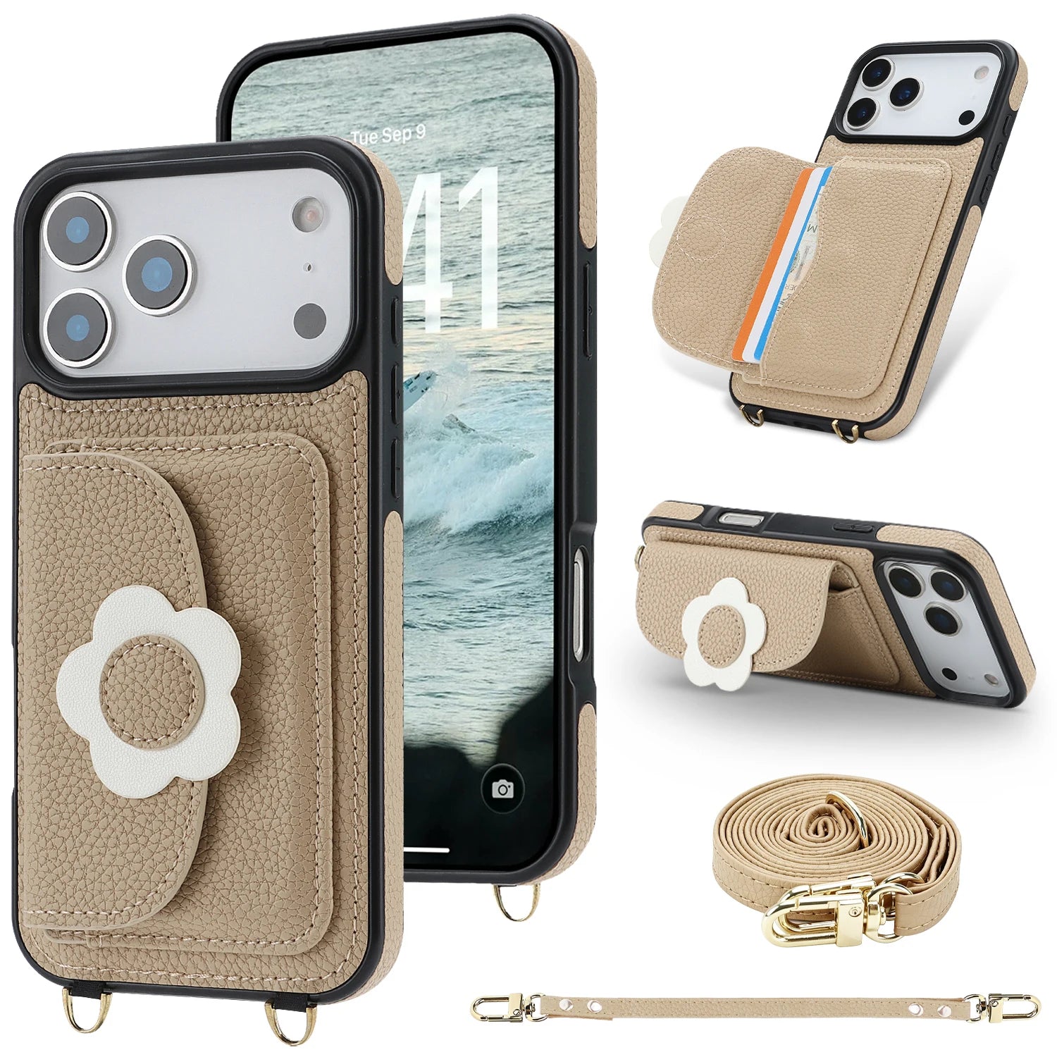 Crossbody Leather Wallet Case with Card Slots and Stand for iPhone 17 Series