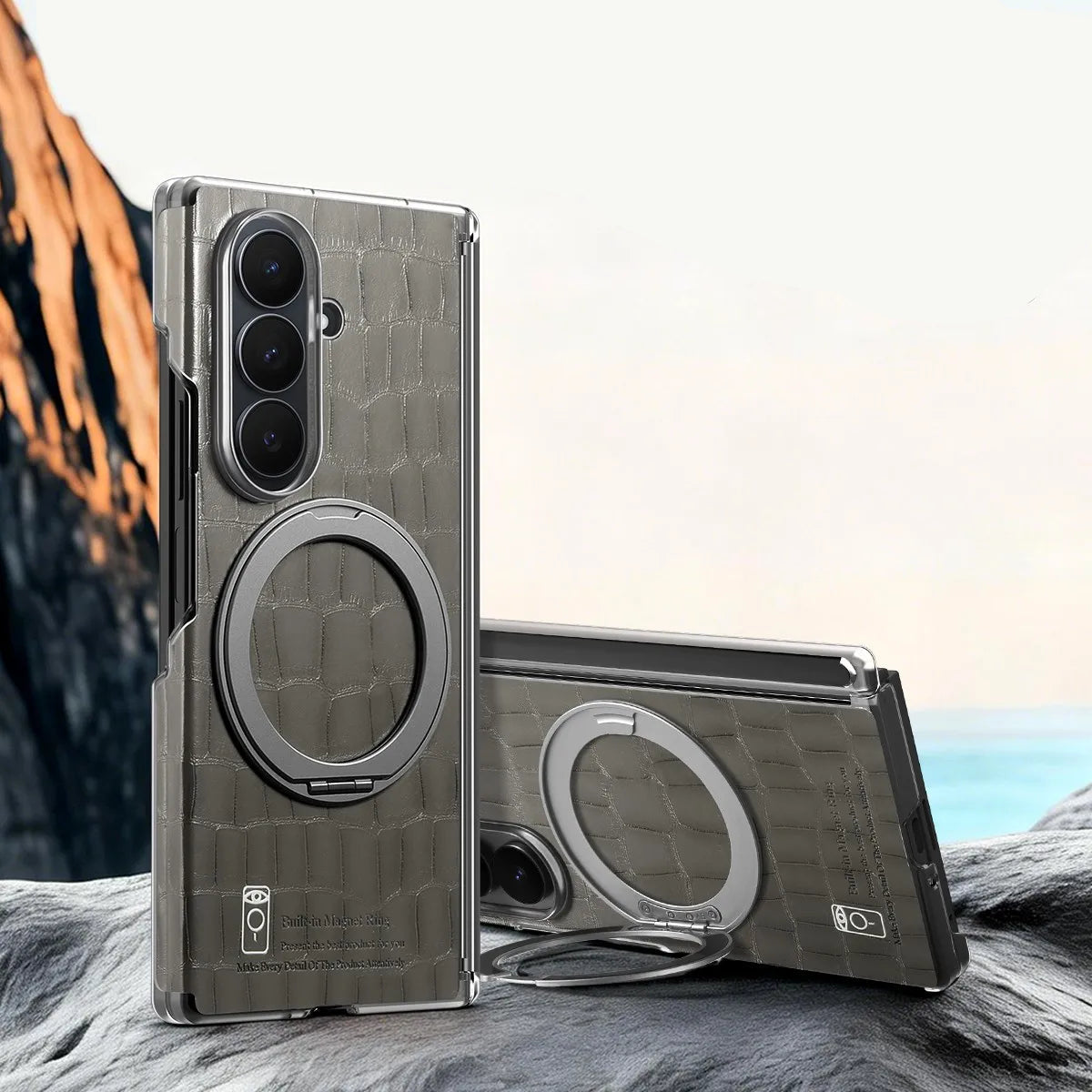 Crocodile-Embossed Leather Kickstand Case with 360° Rotating Ring for Samsung Galaxy Z Fold 6