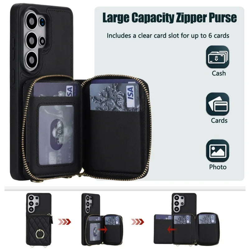 Crossbody Leather Wallet Case with Wrist Lanyard for Samsung Galaxy S26 Series