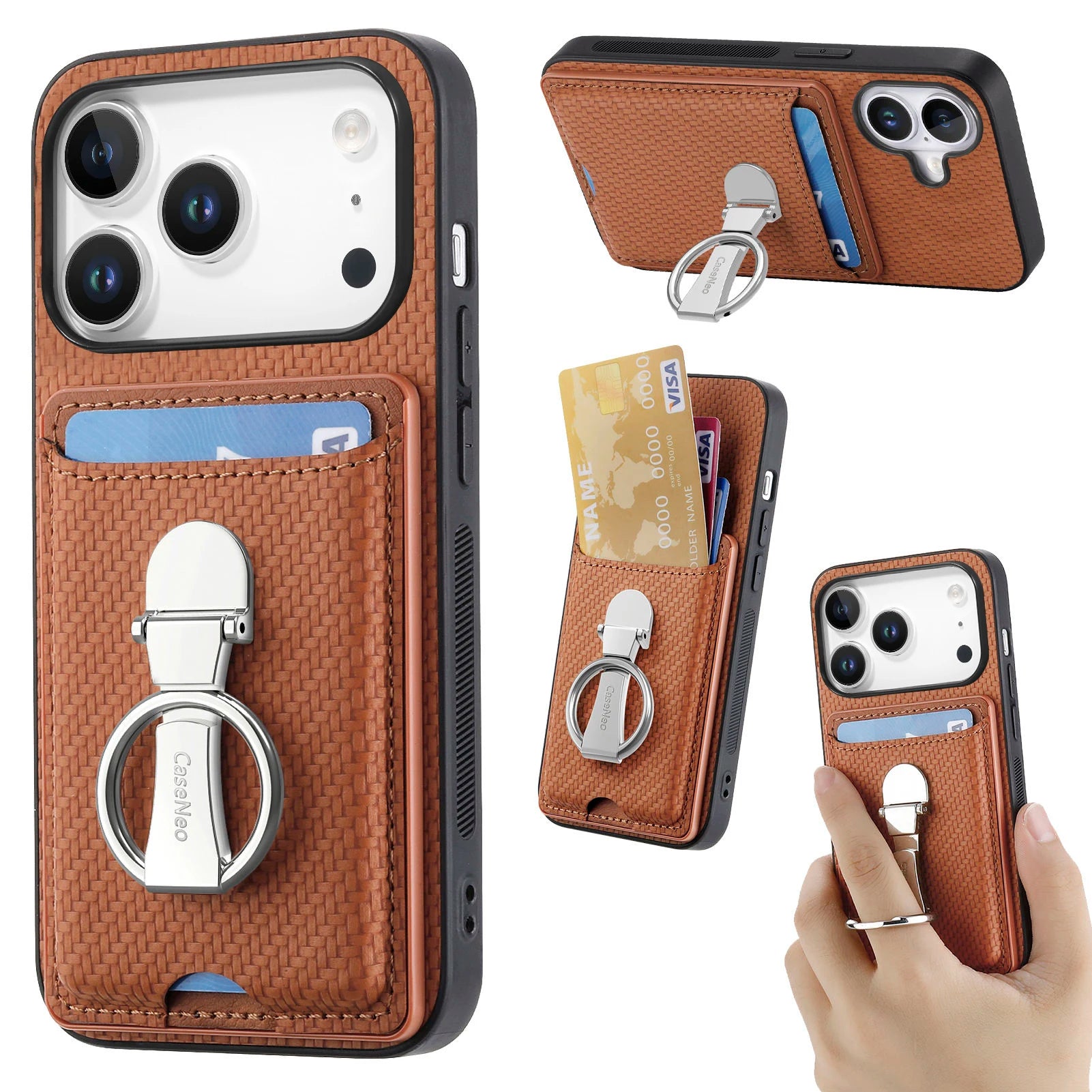 Multi-Functional Leather Wallet Case with Foldable Ring Holder & Vertical Card Slot for iPhone 17 Series