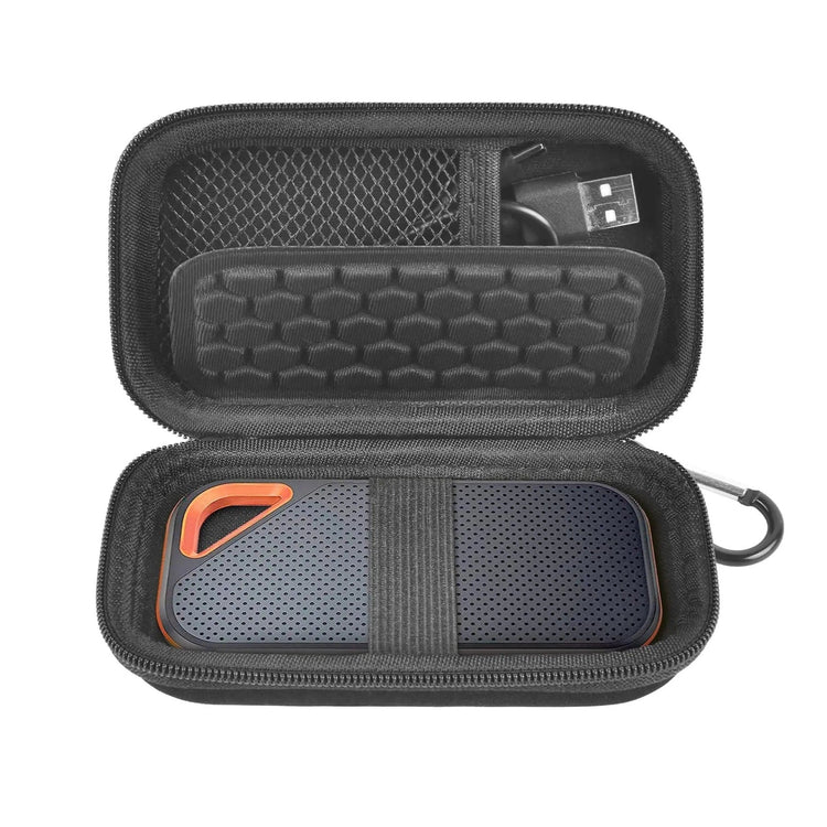 Black hard-shell carrying case with USB drive and orange tool on a white background