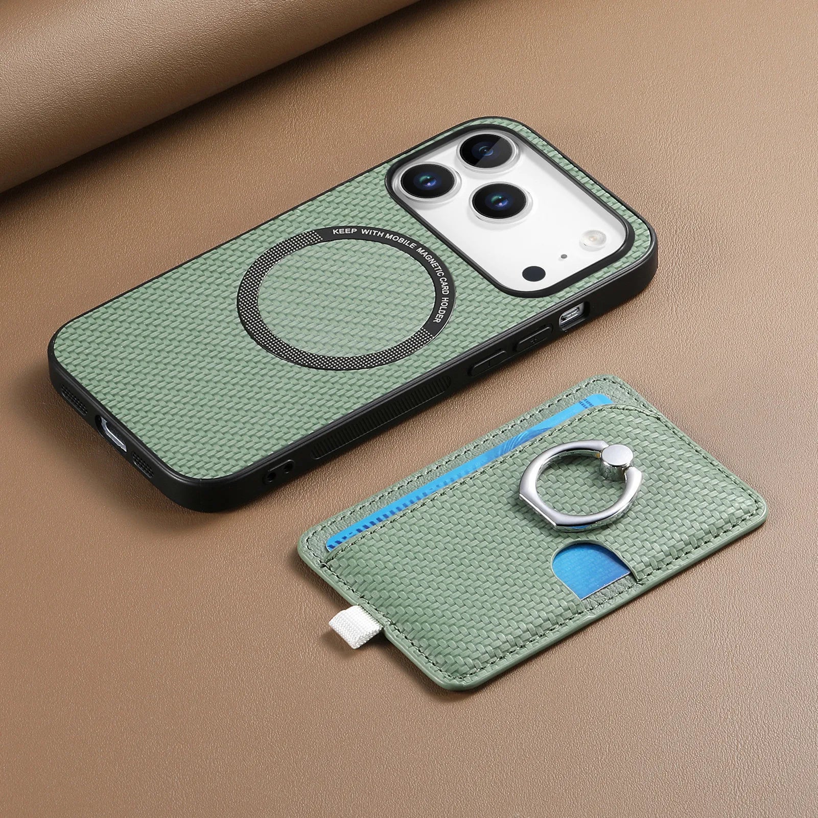 Premium 2-in-1 Carbon Fiber Pattern MagSafe Case with Built-In Card Slot & Ring Holder for iPhone 17 Series