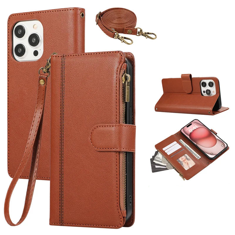 Leather Crossbody Wallet Case with Card Holder & Wrist Strap for iPhone 15 Series