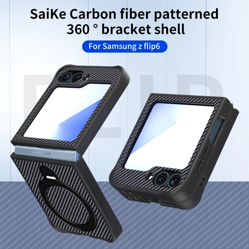 Carbon Fiber Leather Case with Rotating Ring Bracket for Samsung Galaxy Z Flip 5