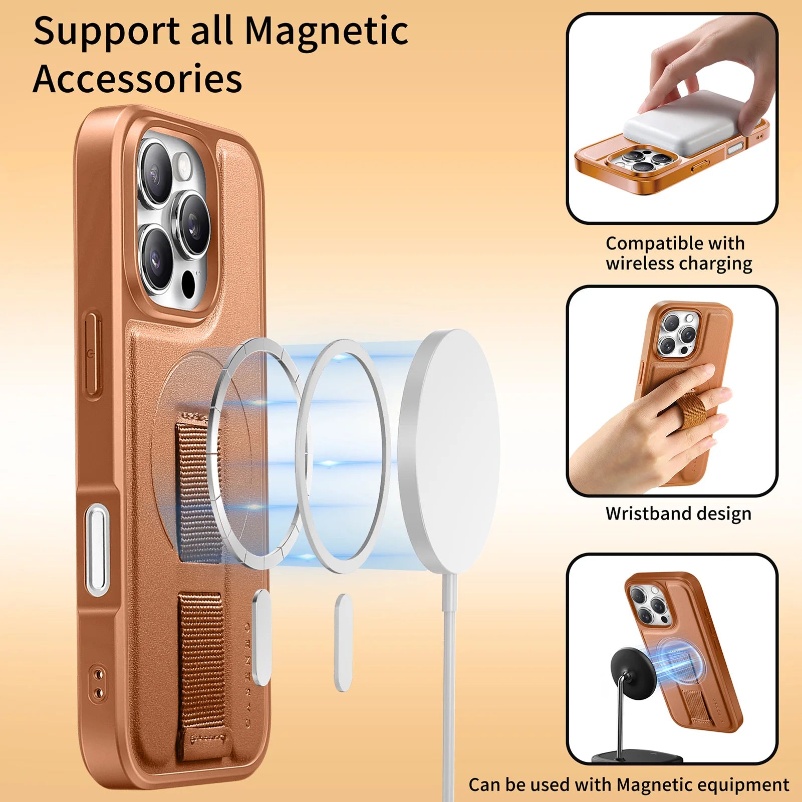 iPhone 16 Series Leather MagSafe Case with Wrist Strap