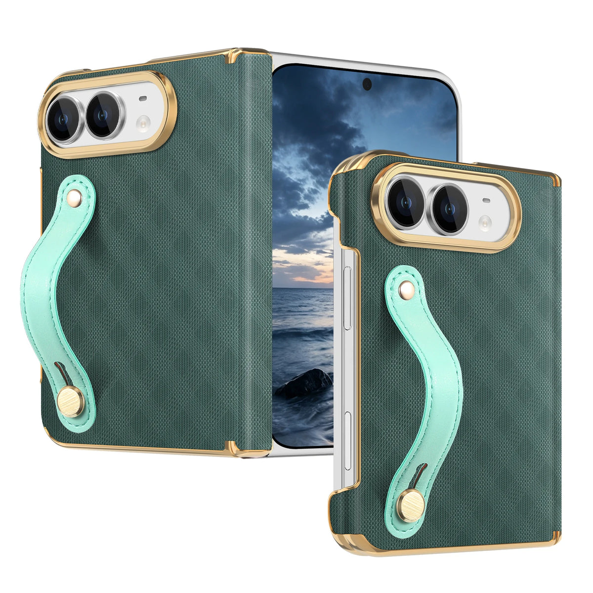 Textured Leather Case with Wrist Strap and Hinge Protection for iPhone Duo