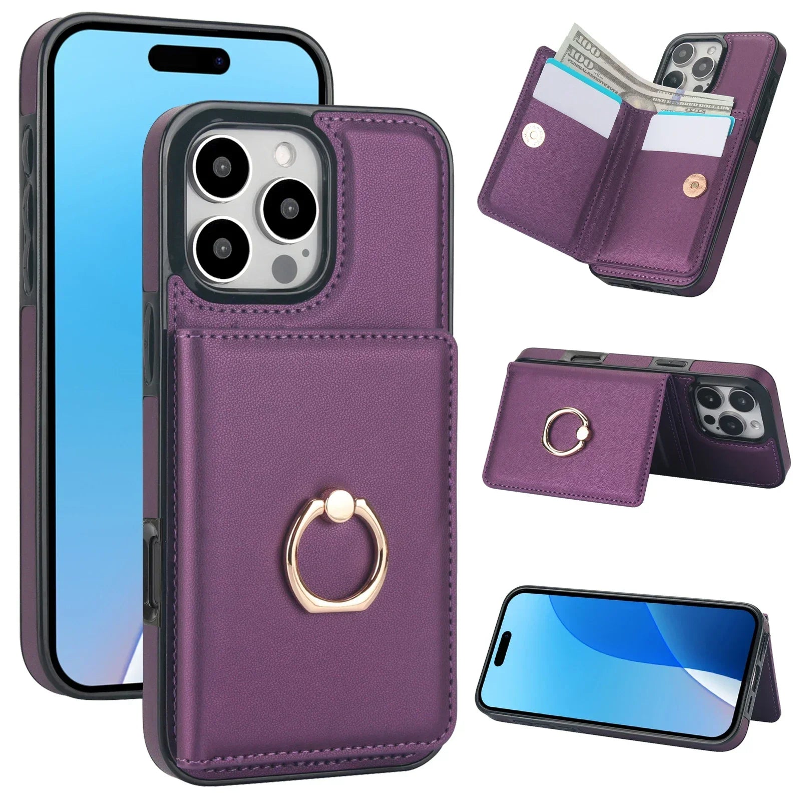 Premium Leather Wallet Case with 360° Ring for iPhone 16 Series