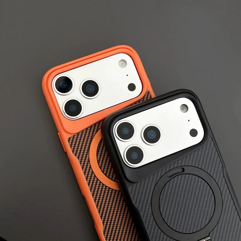 Premium Carbon Fiber Texture MagSafe Case with Bracket for iPhone 17 Series